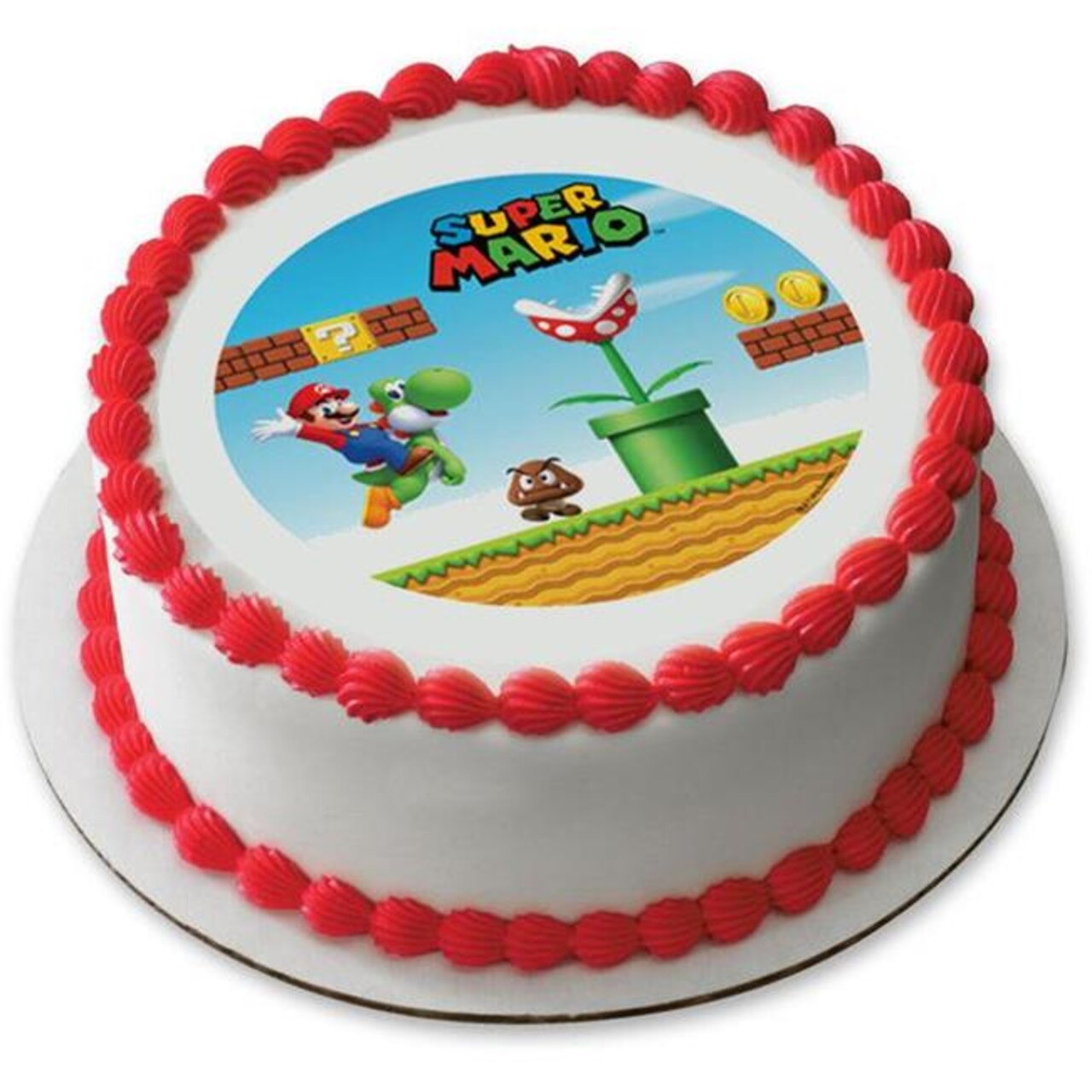 BuySeasons 266339 Super Mario Kingdom 7.5 in. Round Edible Cake Topper